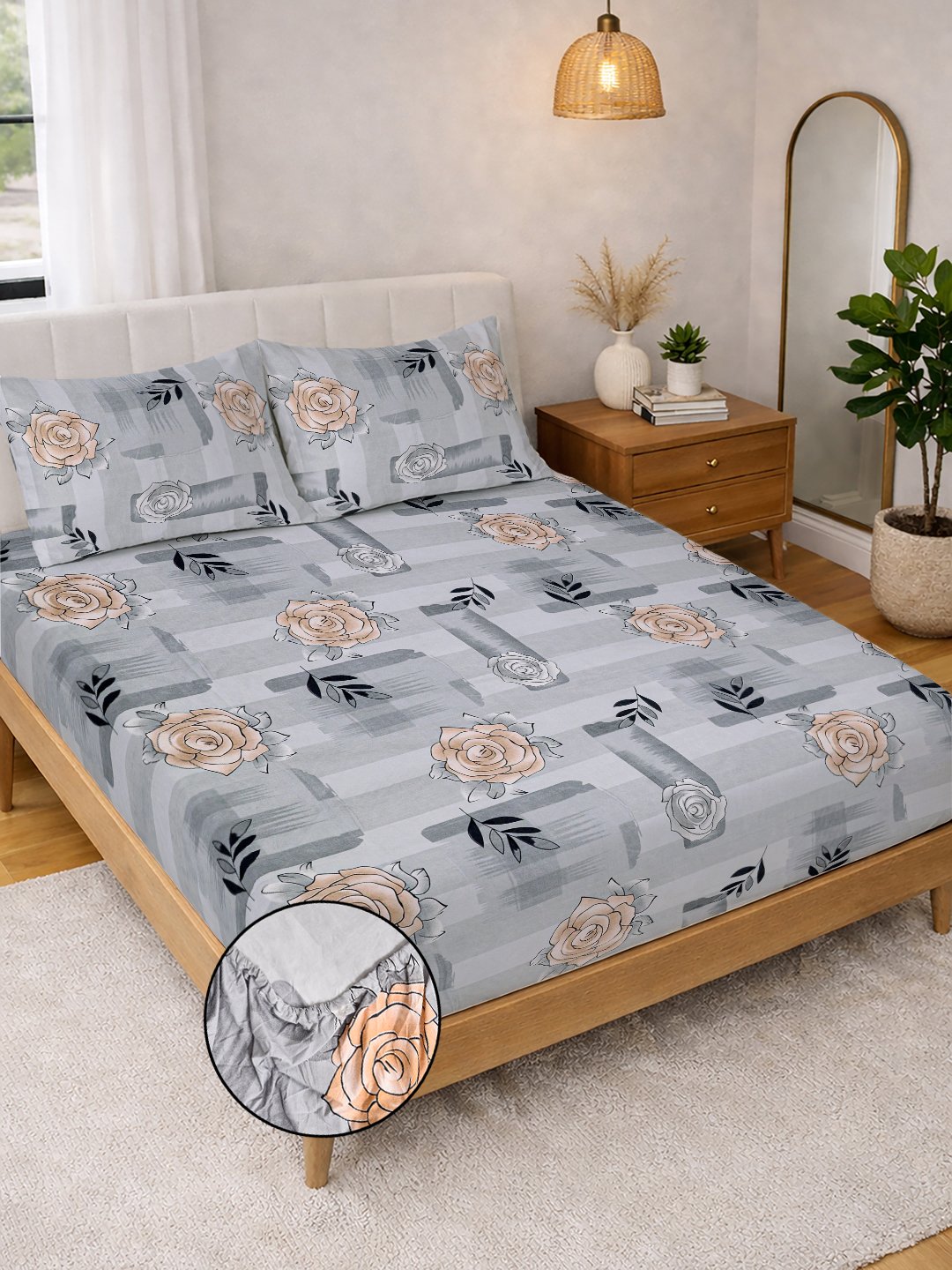 Grey Floral Cotton Blend Fitted Double Bedsheet with 2 Pillow Covers