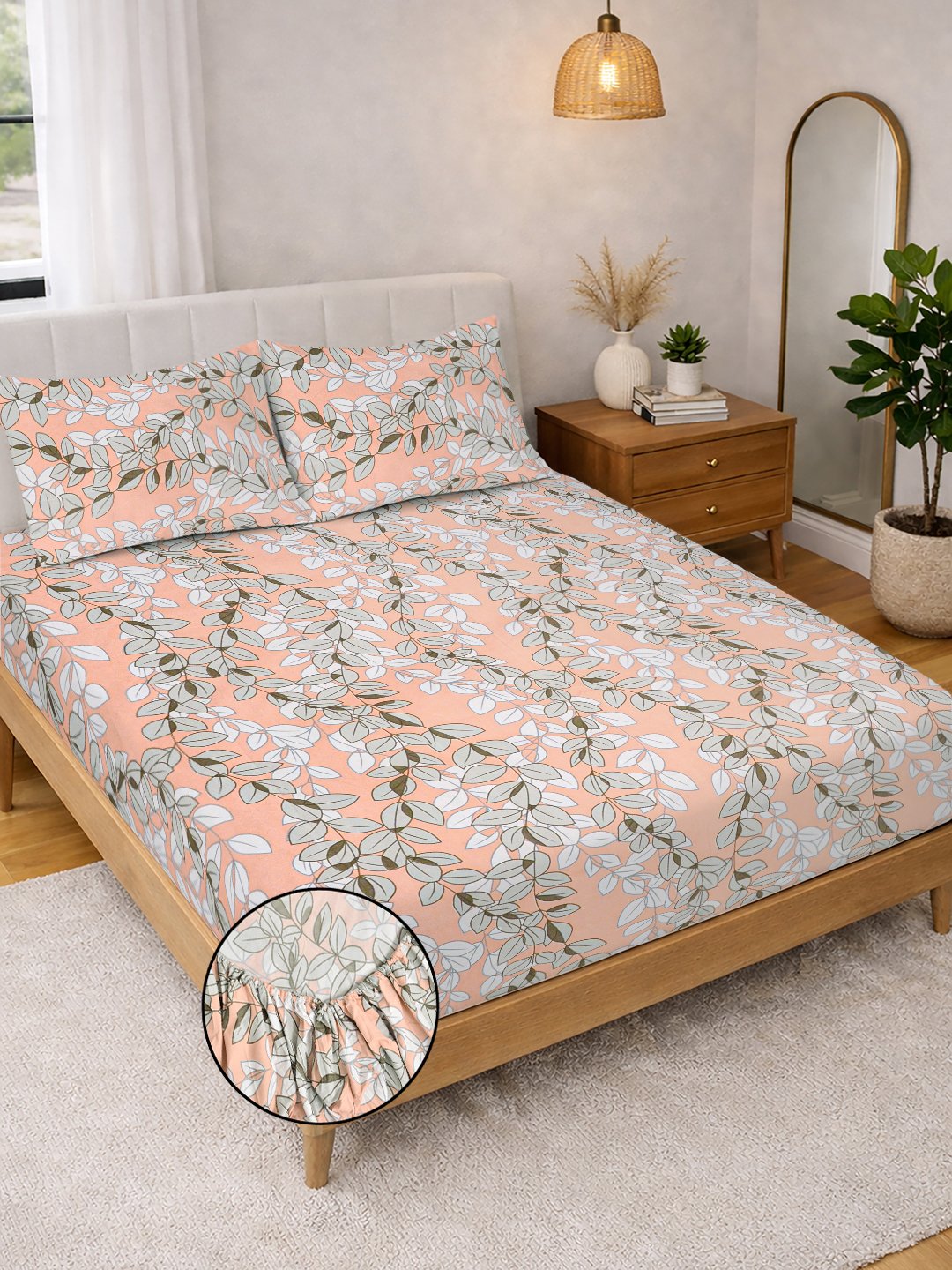 Orange Floral Cotton Blend Fitted Double Bedsheet with 2 Pillow Covers
