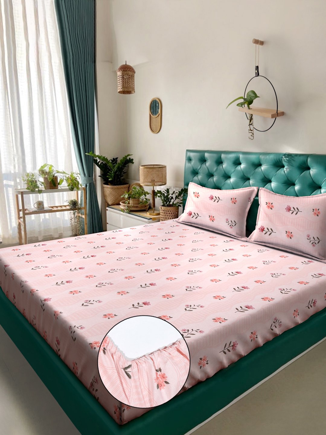 Pink Floral 300 TC Cotton Blend Fitted Double Bedsheet with 2 Pillow Covers