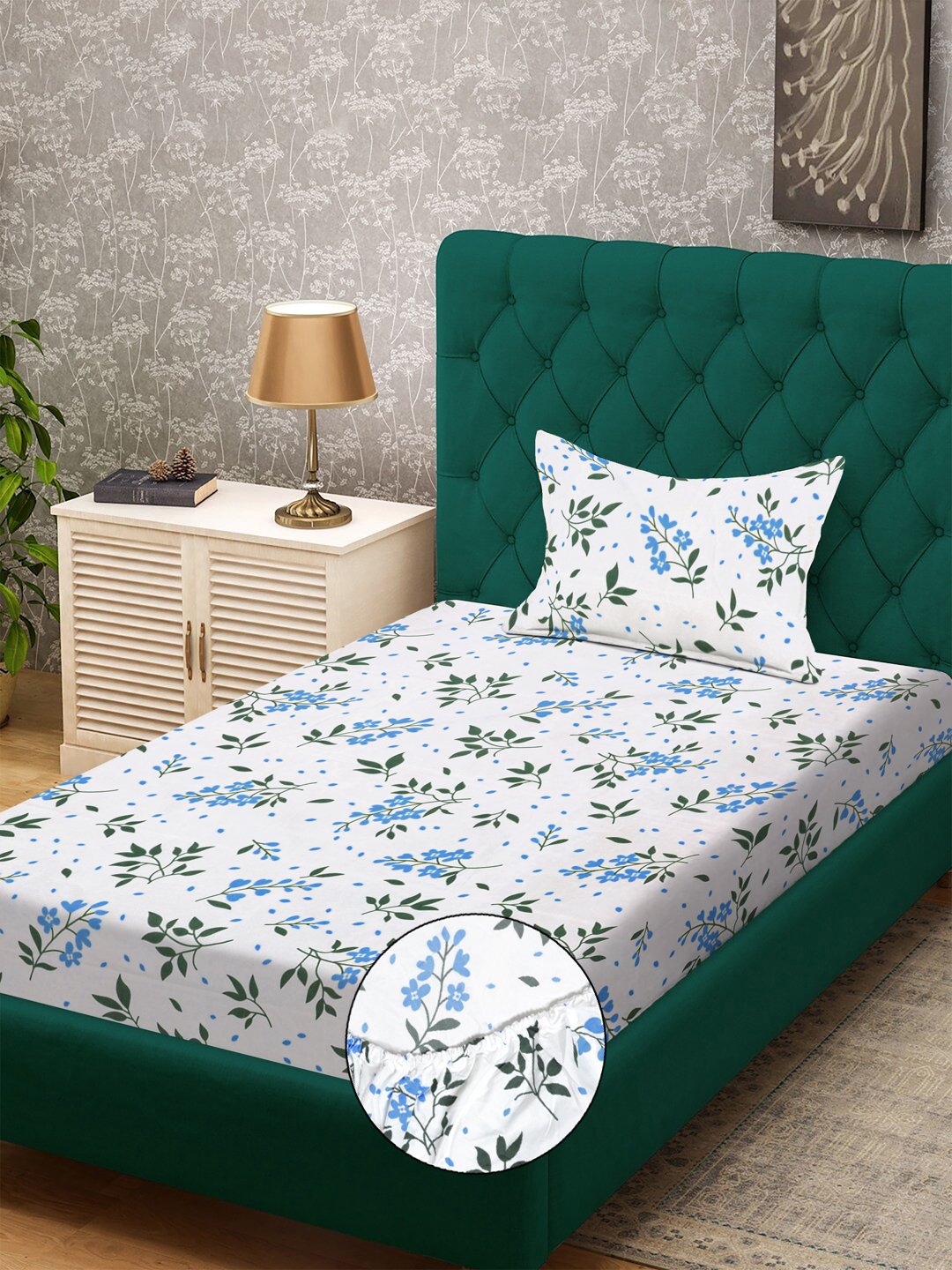 White Floral 300 TC Cotton Blend Fitted Single Bedsheet with Pillow Cover