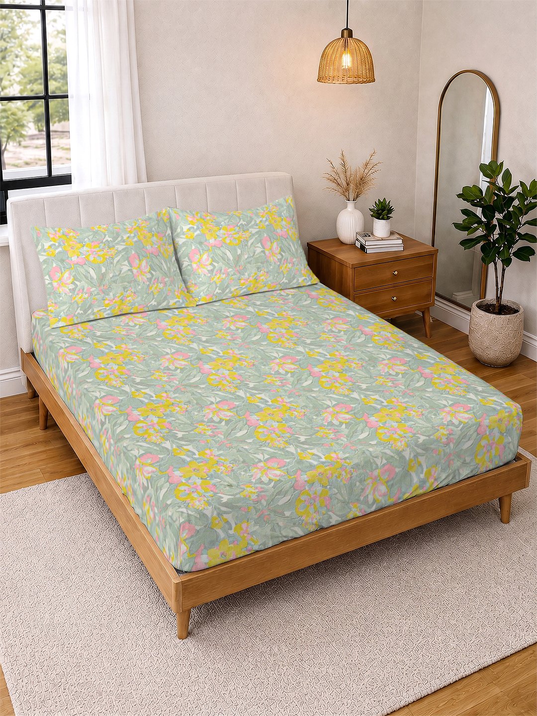 Green Floral Cotton Blend Double Bedsheet with 2 Pillow Covers