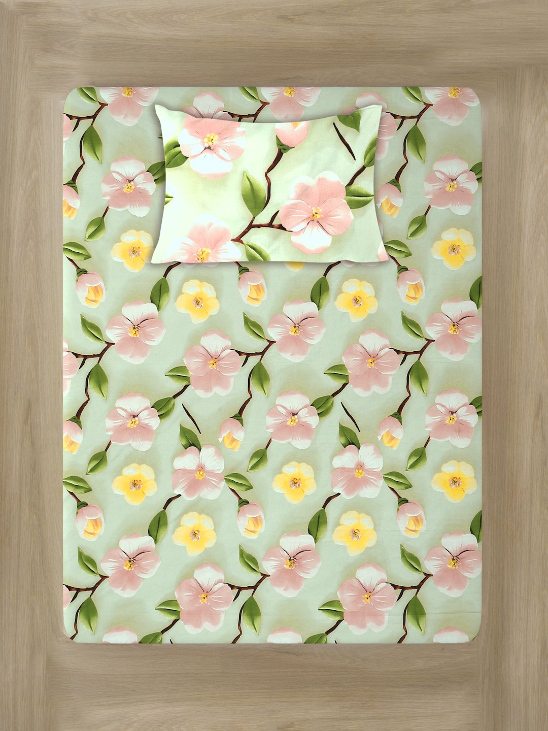 Green Floral 7D Cotton Blend Single Bedsheet with Pillow Cover