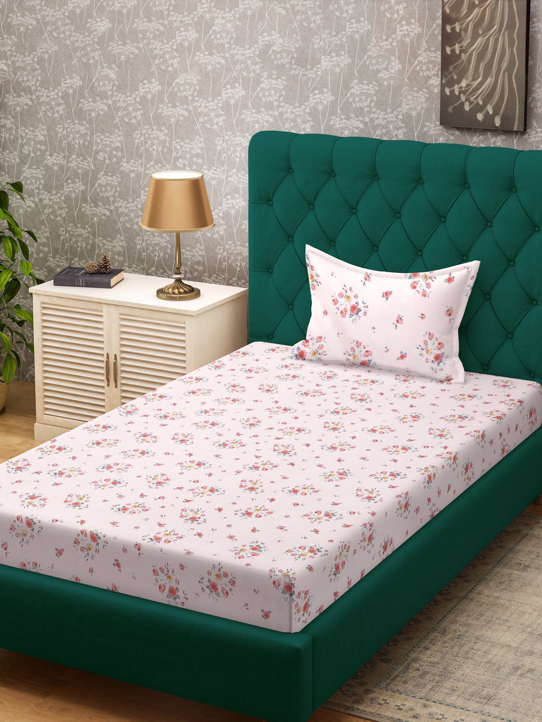 Pink Floral 300 TC Cotton Blend Single Bedsheet with Pillow Cover