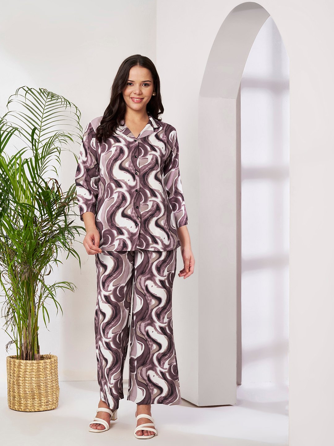 Wine Cotton Printed Shirt With Trousers Co-Ords Set