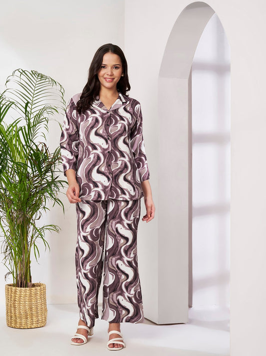 Wine Cotton Printed Shirt With Trousers Co-Ords Set