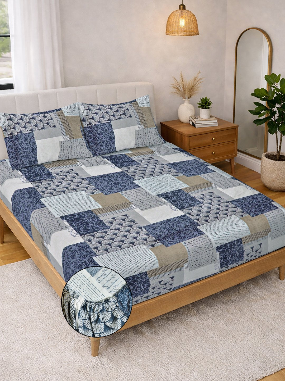 Multi Geometric Cotton Blend Fitted Double Bedsheet with 2 Pillow Covers