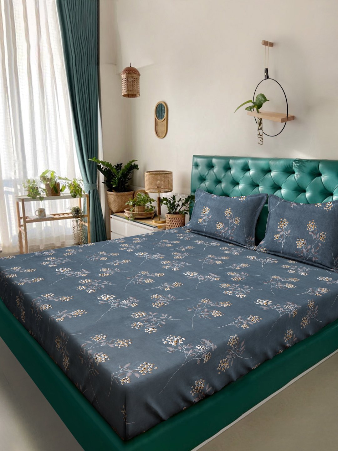 Blue Floral 300 TC Cotton Blend Double Bedsheet with 2 Pillow Covers