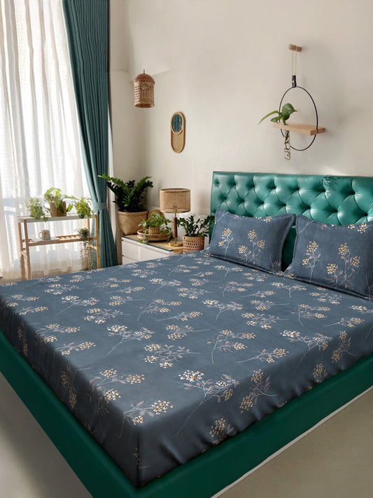 Blue Floral 300 TC Cotton Blend Double Bedsheet with 2 Pillow Covers