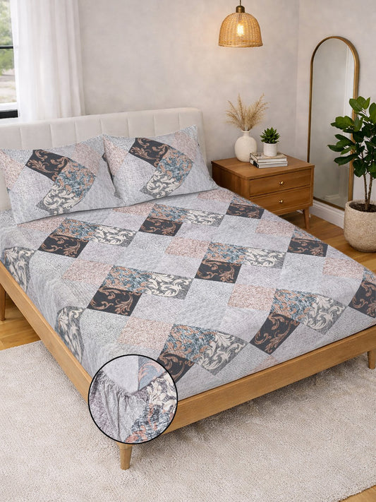 Multi Geometric Cotton Blend Fitted Double Bedsheet with 2 Pillow Covers
