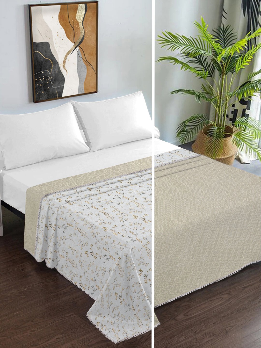 Beige Pure Cotton Floral Double Bed Dohar