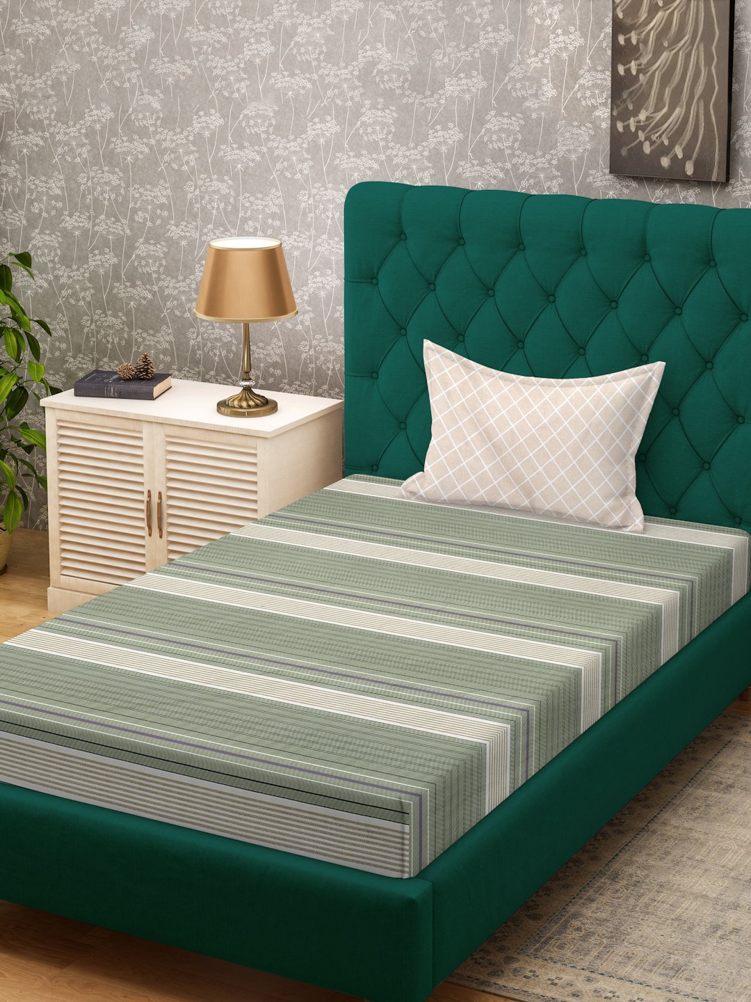Green Striped 300 TC Cotton Blend Single Bedsheet with Pillow Cover