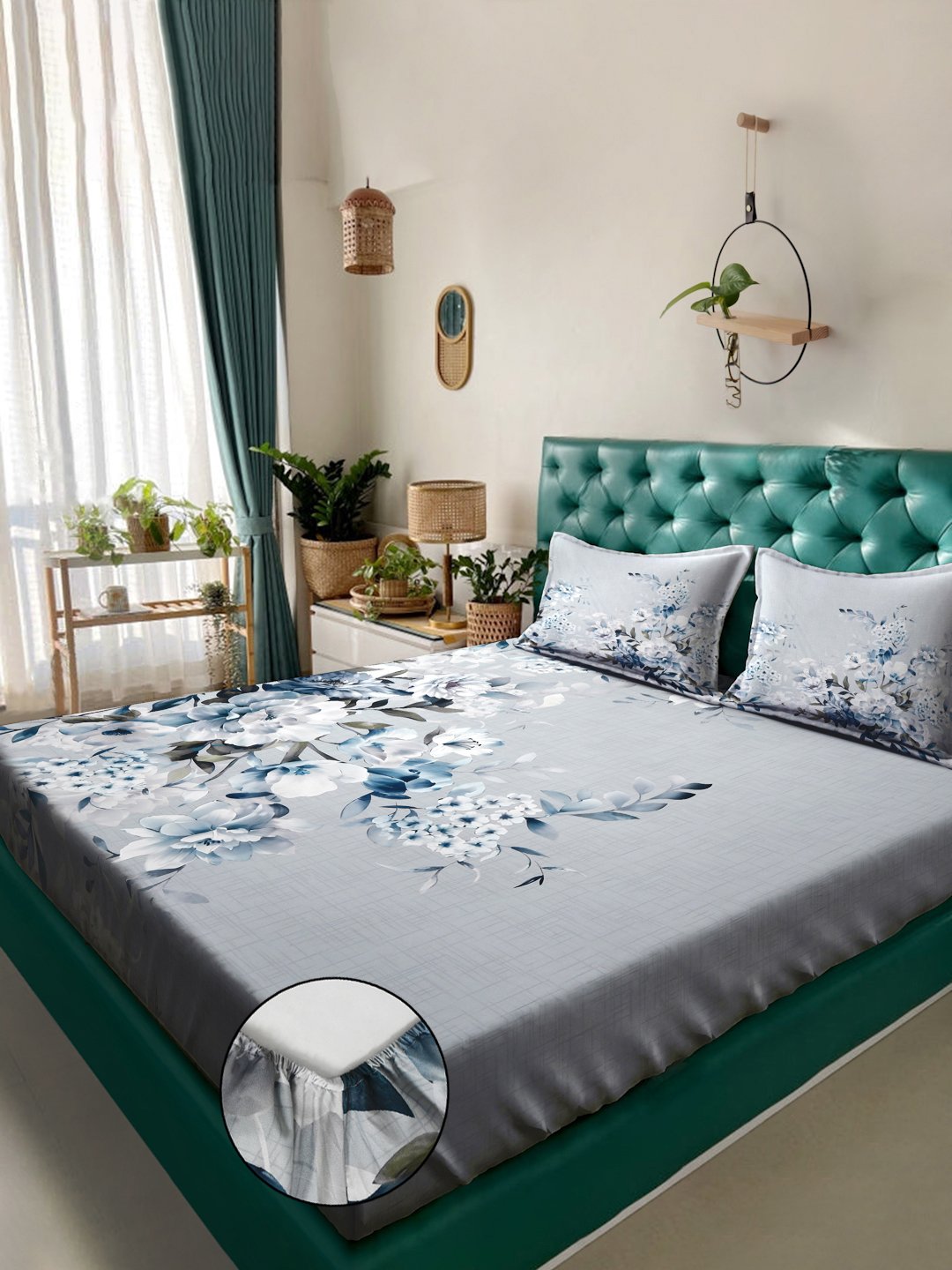 Grey Digital Floral Printed Cotton Blend Fitted Fitted Double Bedsheet with 2 Pillow Covers