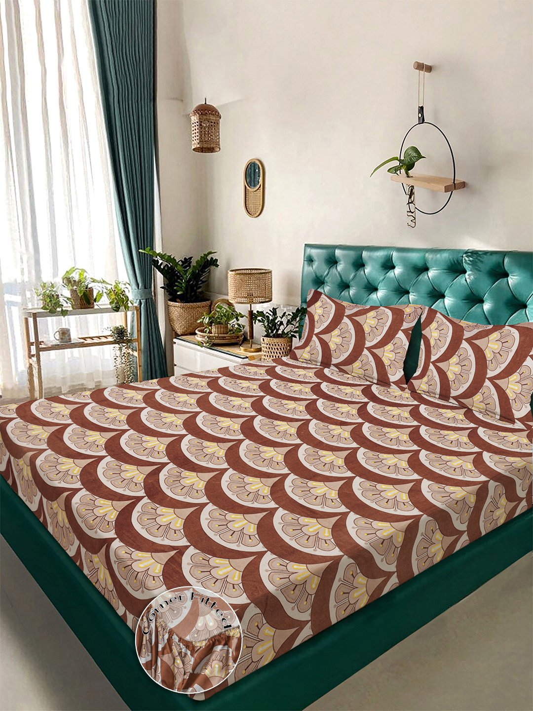 Brown Floral 300 TC Cotton Blend Fitted Double Bedsheet with 2 Pillow Covers