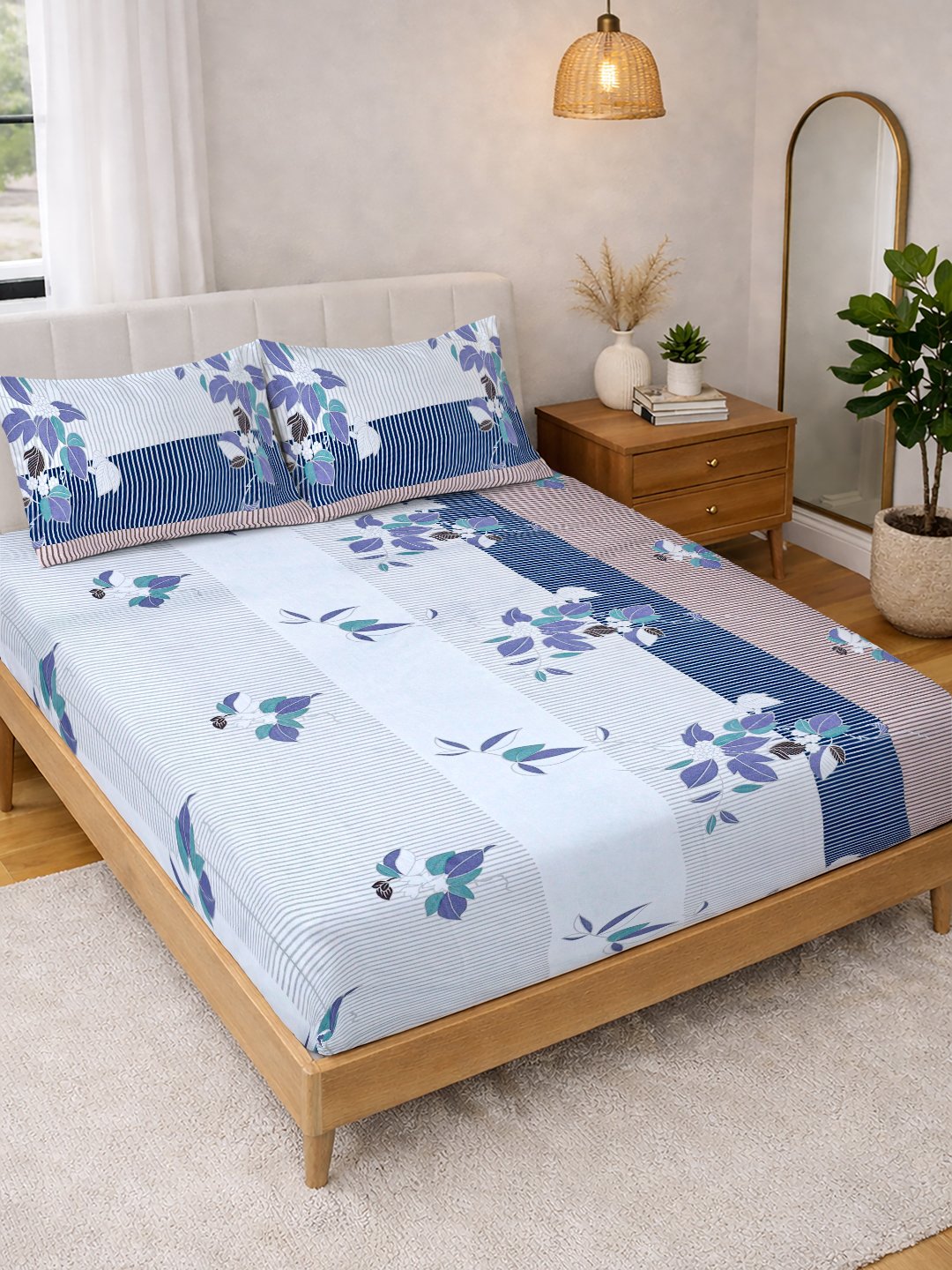 Multi Floral Cotton Blend Double Bedsheet with 2 Pillow Covers