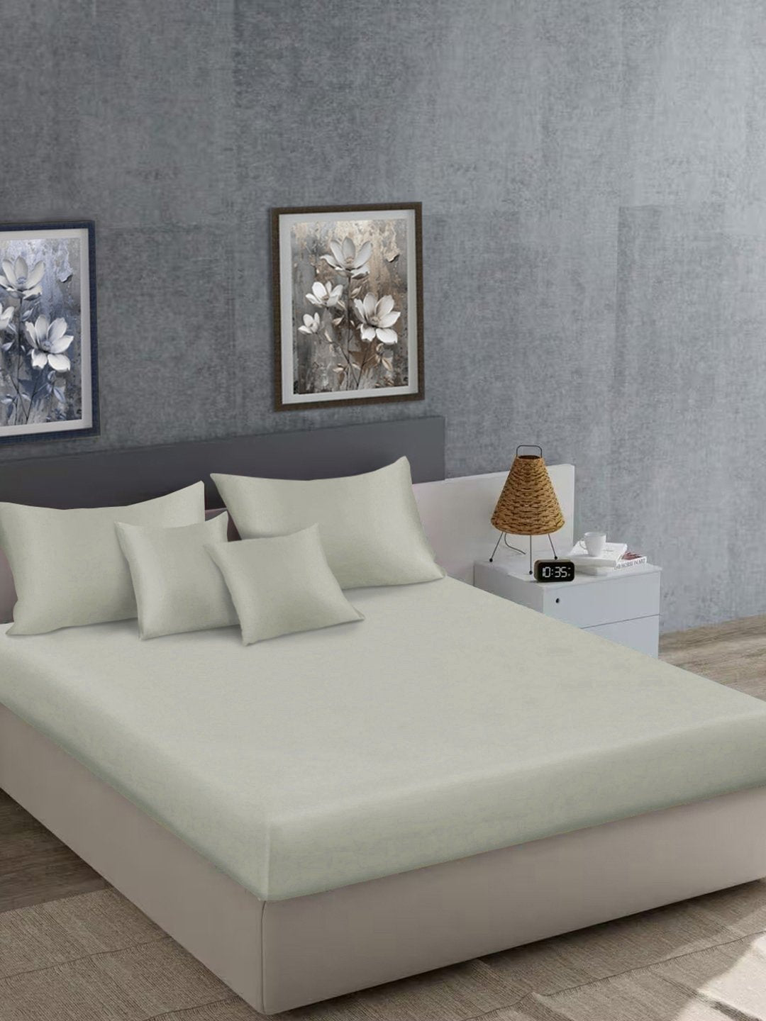 Cream Solid 400 TC Satin Super King Double Bedsheet with 2 Pillow Covers & 2 Cushion Covers