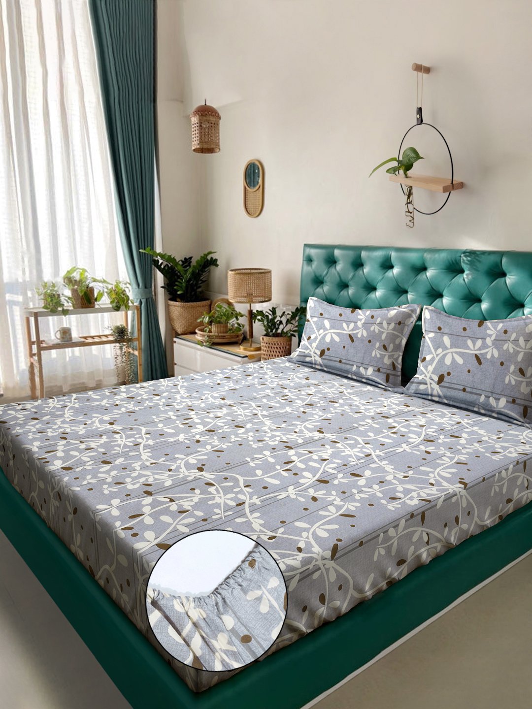 Grey Floral  300 TC Cotton Blend Fitted Double Bedsheet in Book Fold Packing