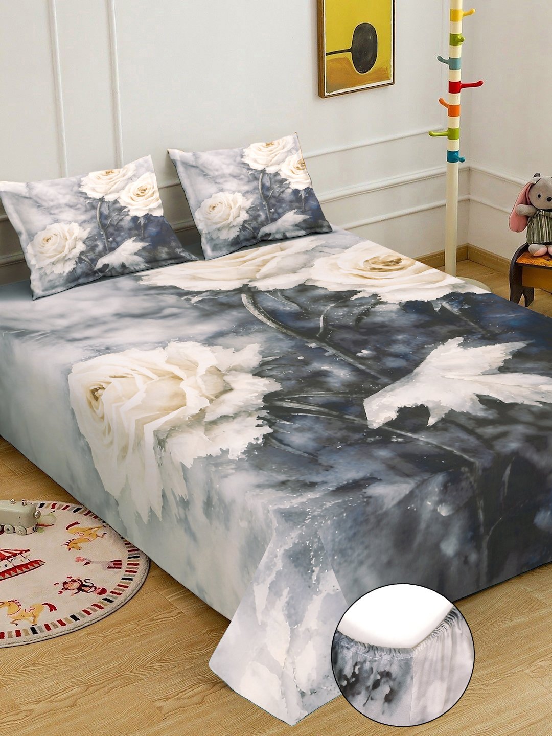 Grey Digital Floral Printed Cotton Blend Fitted Double Bedsheet with 2 Pillow Covers