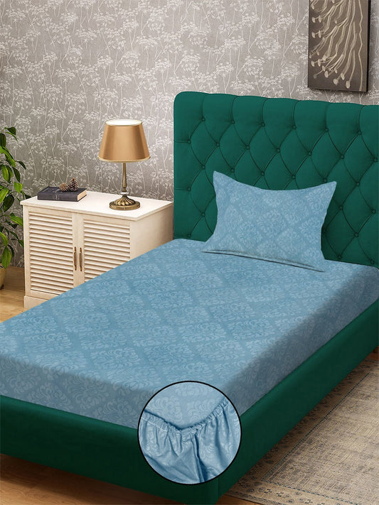 Turquoise Floral Embossed Cotton Blend Fitted Fitted Single Bedsheet with Pillow Cover