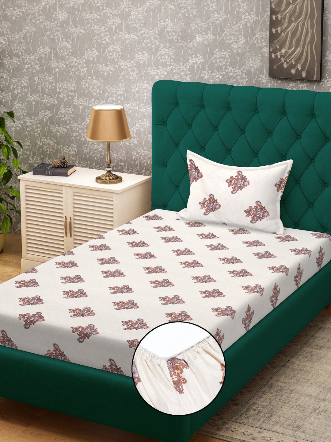 Cream Floral 300 TC Cotton Blend Fitted Single Bedsheet Set in Book Fold Packing