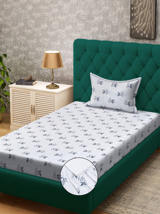 Klotthe White Floral 300 TC Cotton Blend Fitted Single Bedsheet with Pillow Cover