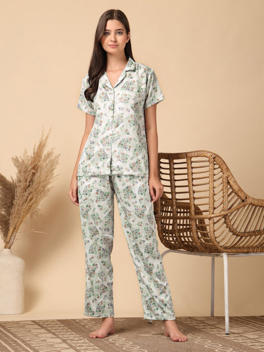 Green Geometric Cotton Blend Women Night Suit