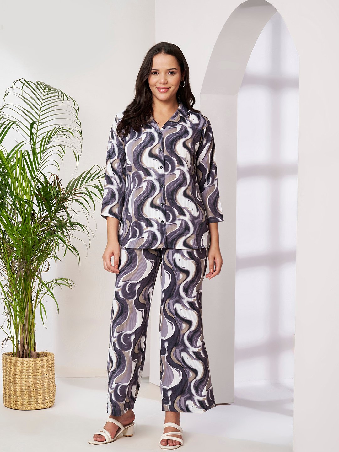 Purple Cotton Printed Shirt With Trousers Co-Ords Set