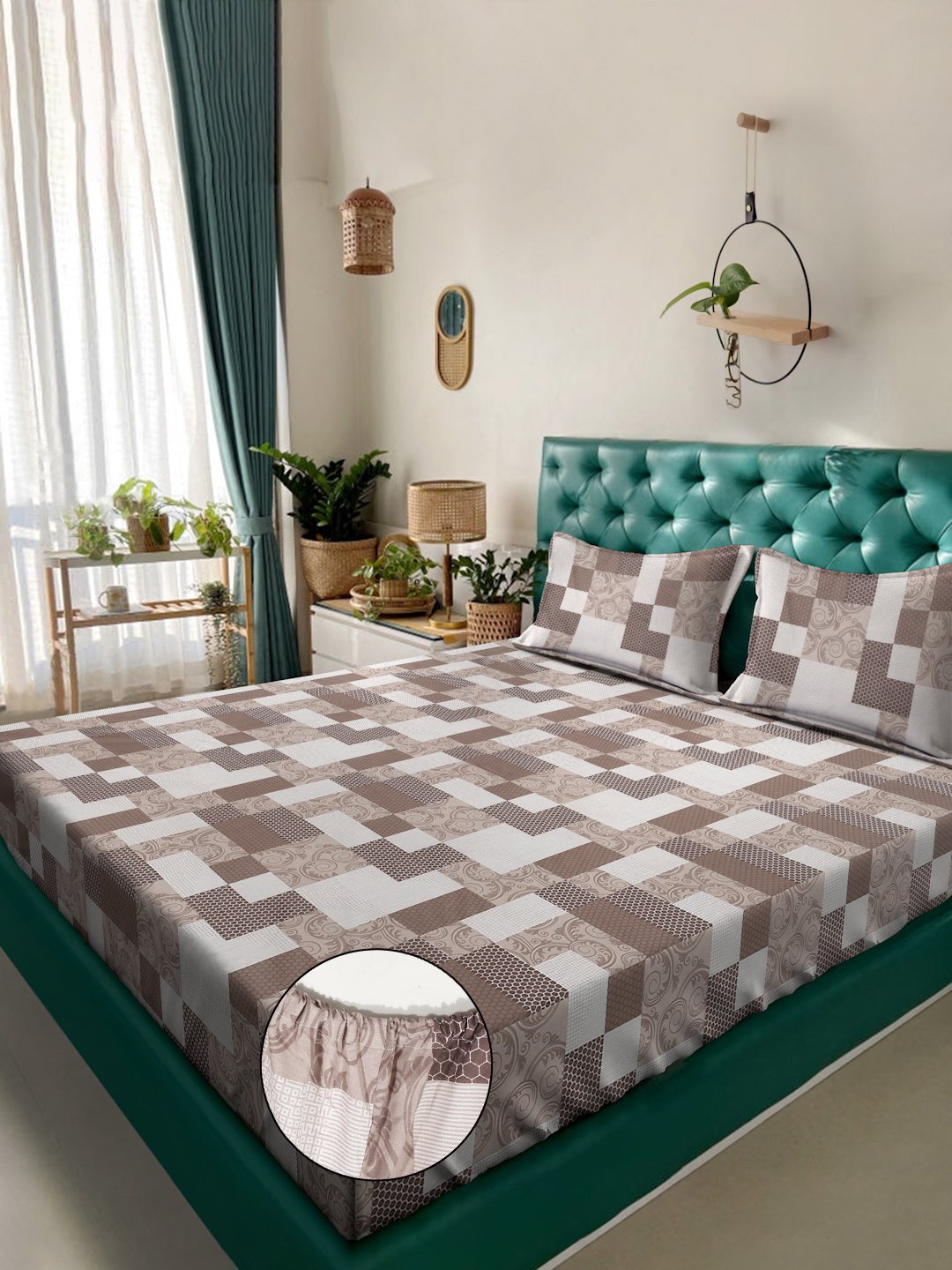 Brown Geometric 400 TC Pure Cotton Fitted Double Bedsheet with 2 Pillow Covers