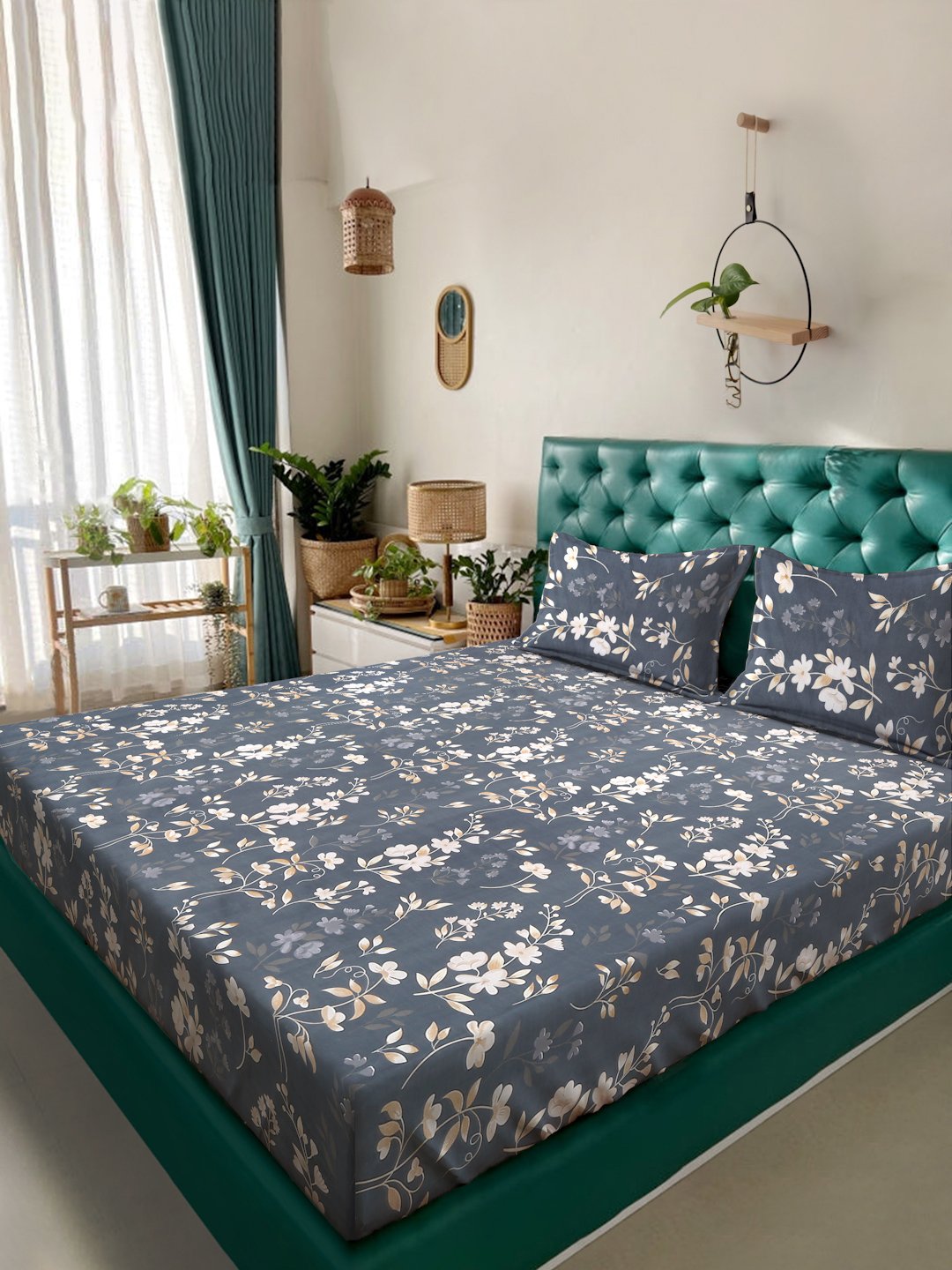 Grey Floral 300 TC Cotton Blend Double Bedsheet with 2 Pillow Covers
