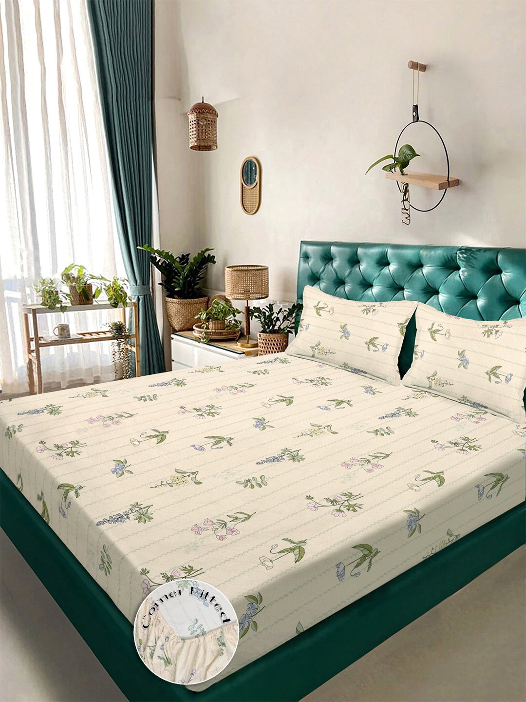 Cream Floral 300 TC Cotton Blend Fitted Double Bedsheet with 2 Pillow Covers