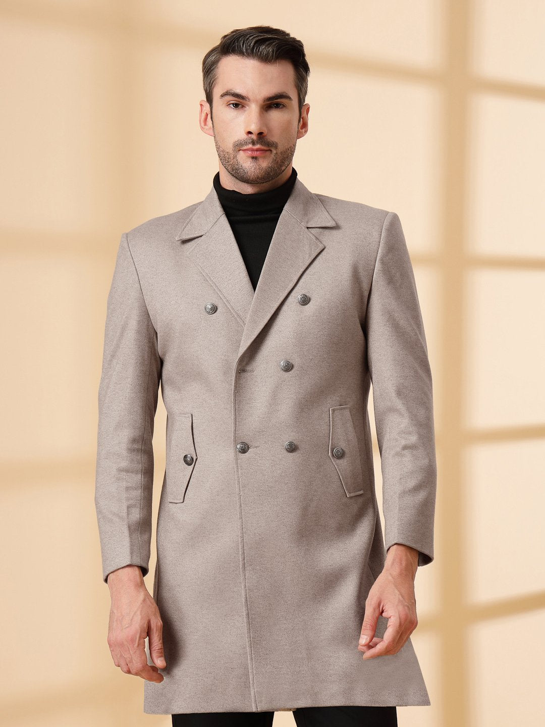 Beige Long Sleeve Double-Breasted Woolen Coat