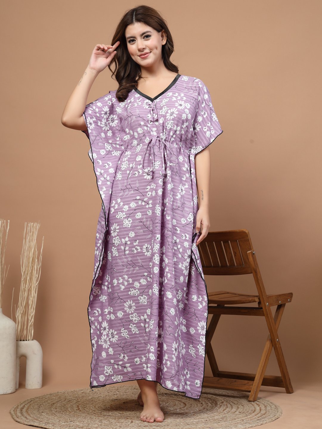 Pink Floral Cotton Blend Kaftan Maxi Nightdress