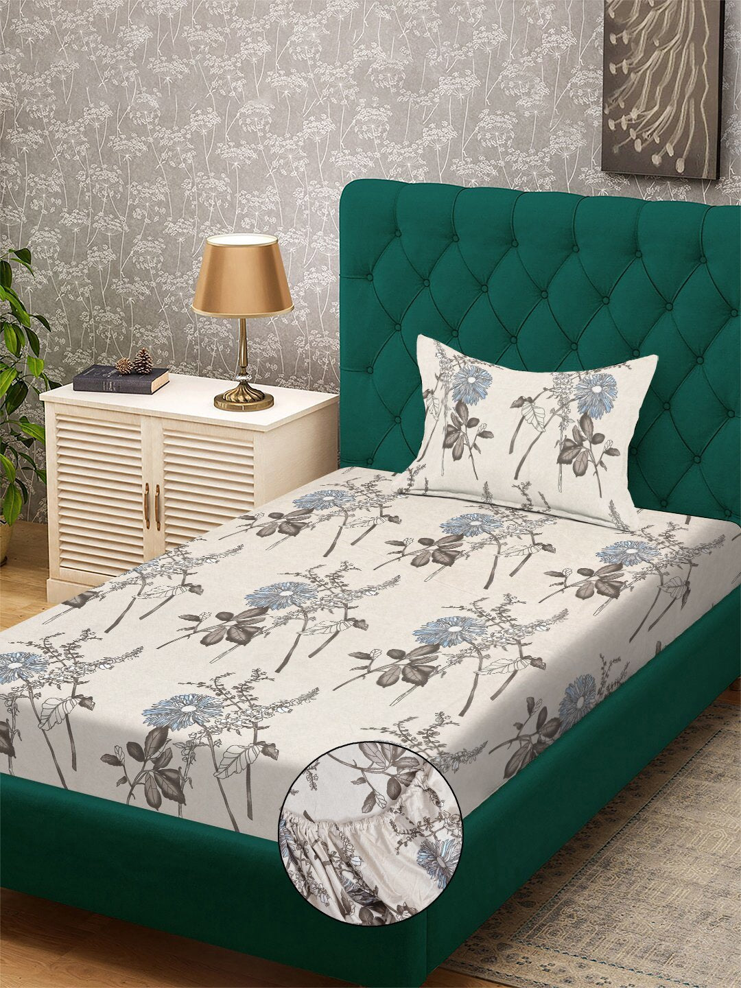 Cream Floral 300 TC Cotton Blend Fitted Single Bedsheet with Pillow Cover