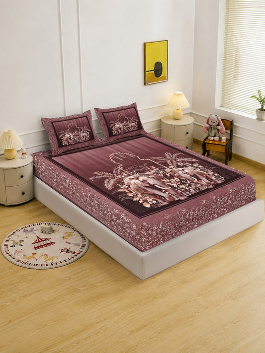 Digital Printed Rust Animal Cotton Blend Double Bedsheet with 2 Pillow Covers