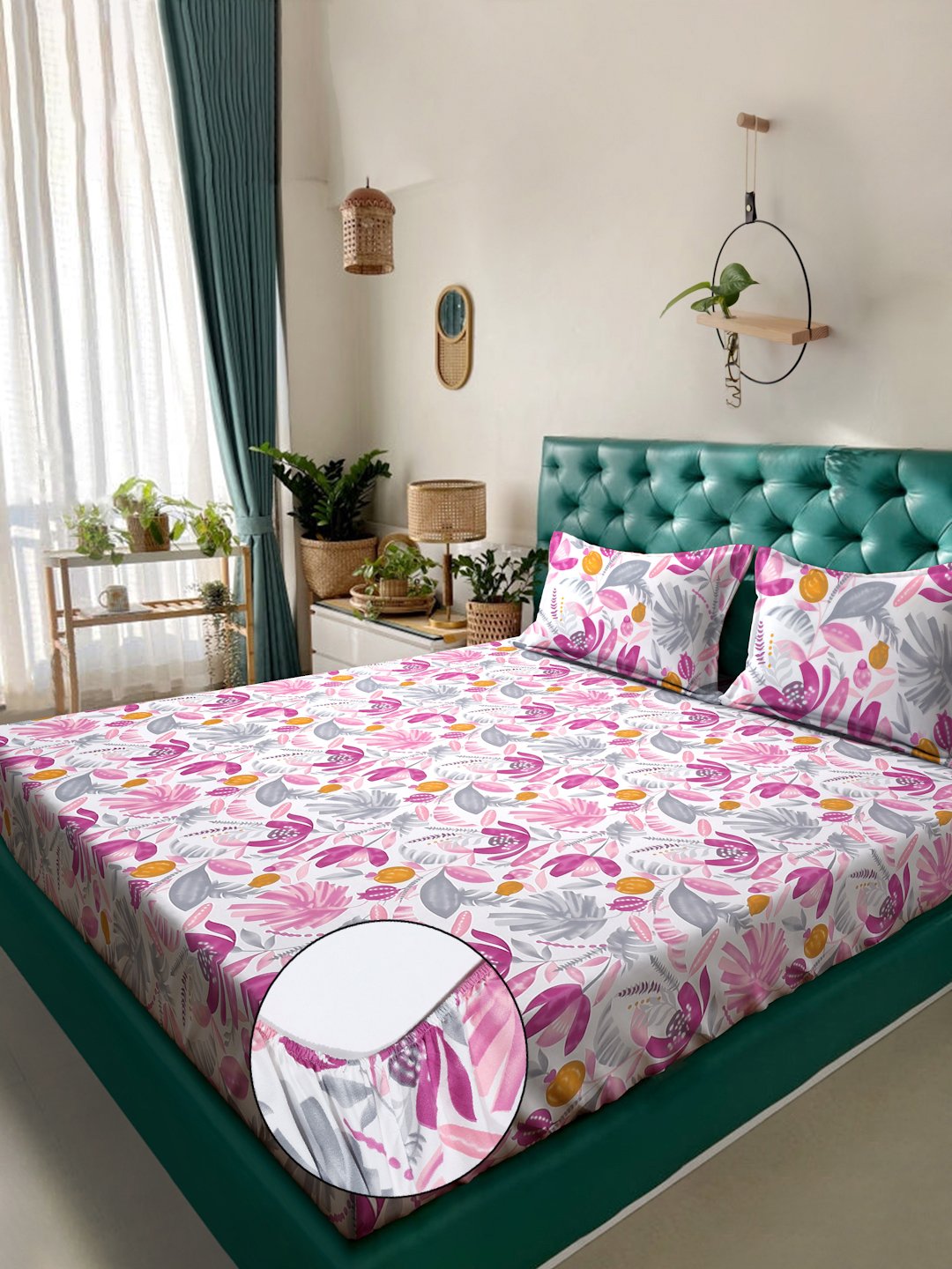 Book Fold Multi Floral 300 TC Cotton Blend Fitted Double Bedsheet with 2 Pillow Covers