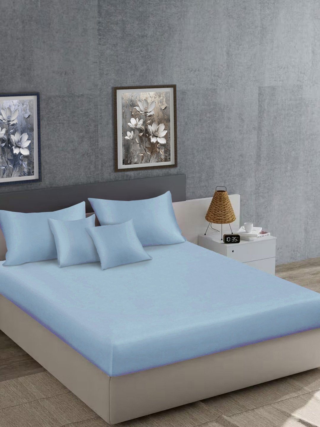 SkyBlue Solid 400 TC Satin Super King Double Bedsheet with 2 Pillow Covers & 2 Cushion Covers