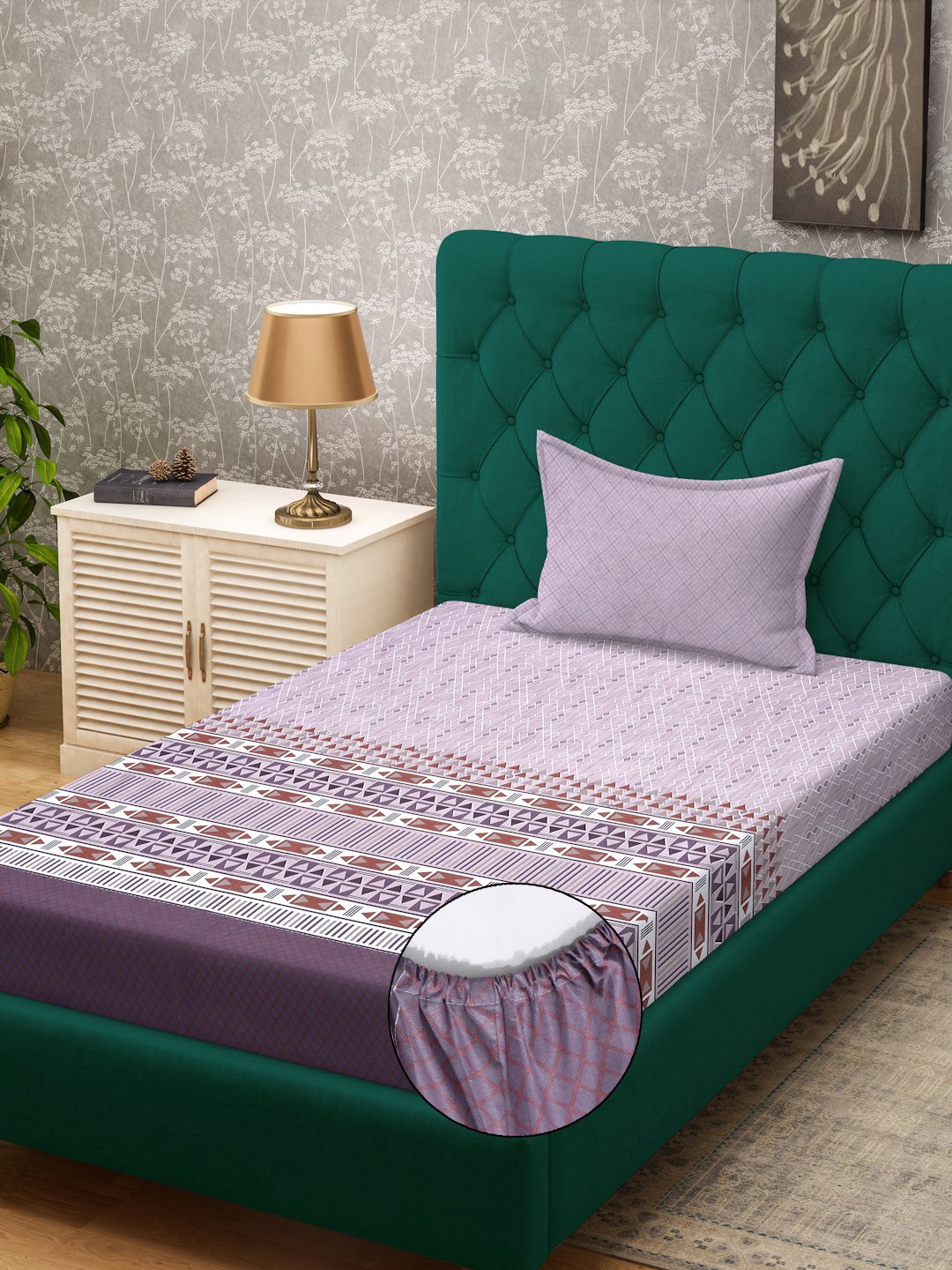 Purple Geometric 400 TC Pure Cotton Fitted Single Bedsheet with Pillow Cover