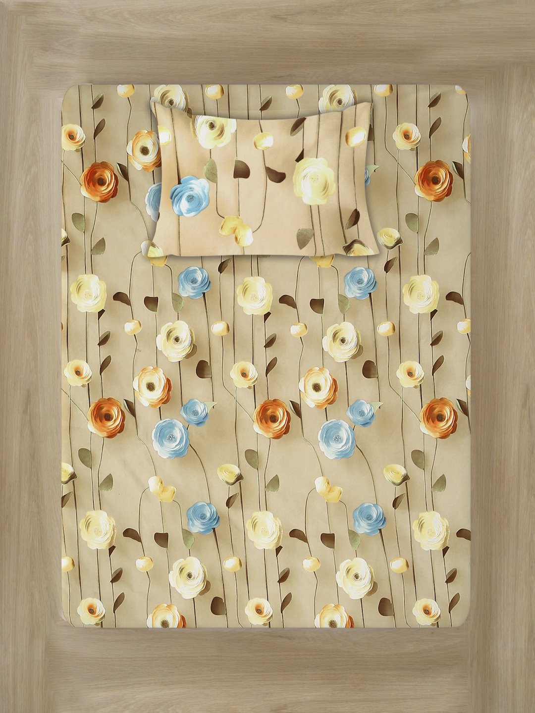 Beige Floral 7D Cotton Blend Fitted Single Bedsheet with Pillow Cover