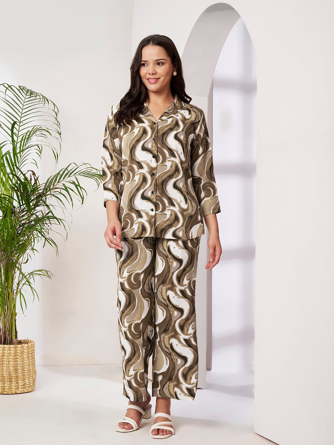 Brown Cotton Printed Shirt With Trousers Co-Ords Set