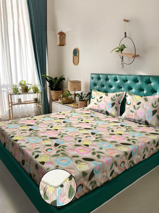 Beige Floral 7D King Size Cotton Blend Fitted Double Bedsheet with 2 Pillow Covers
