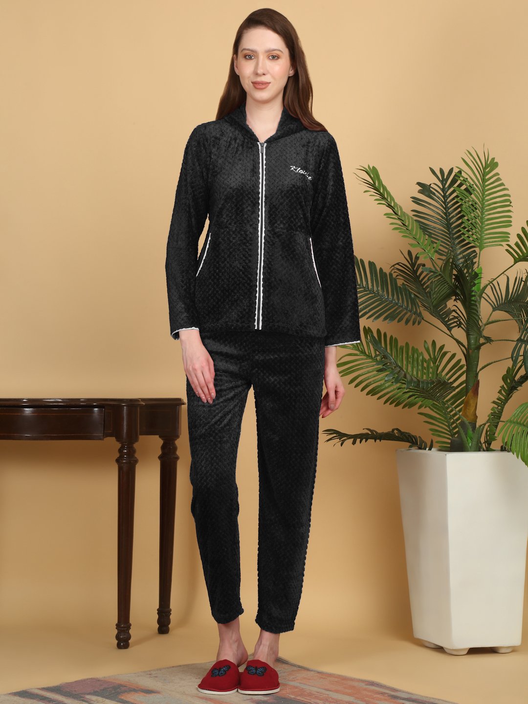 Women Black Solid Hooded Woolen Night Suit