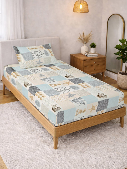 Multi Geometric Cotton Blend Single Bedsheet with Pillow Cover