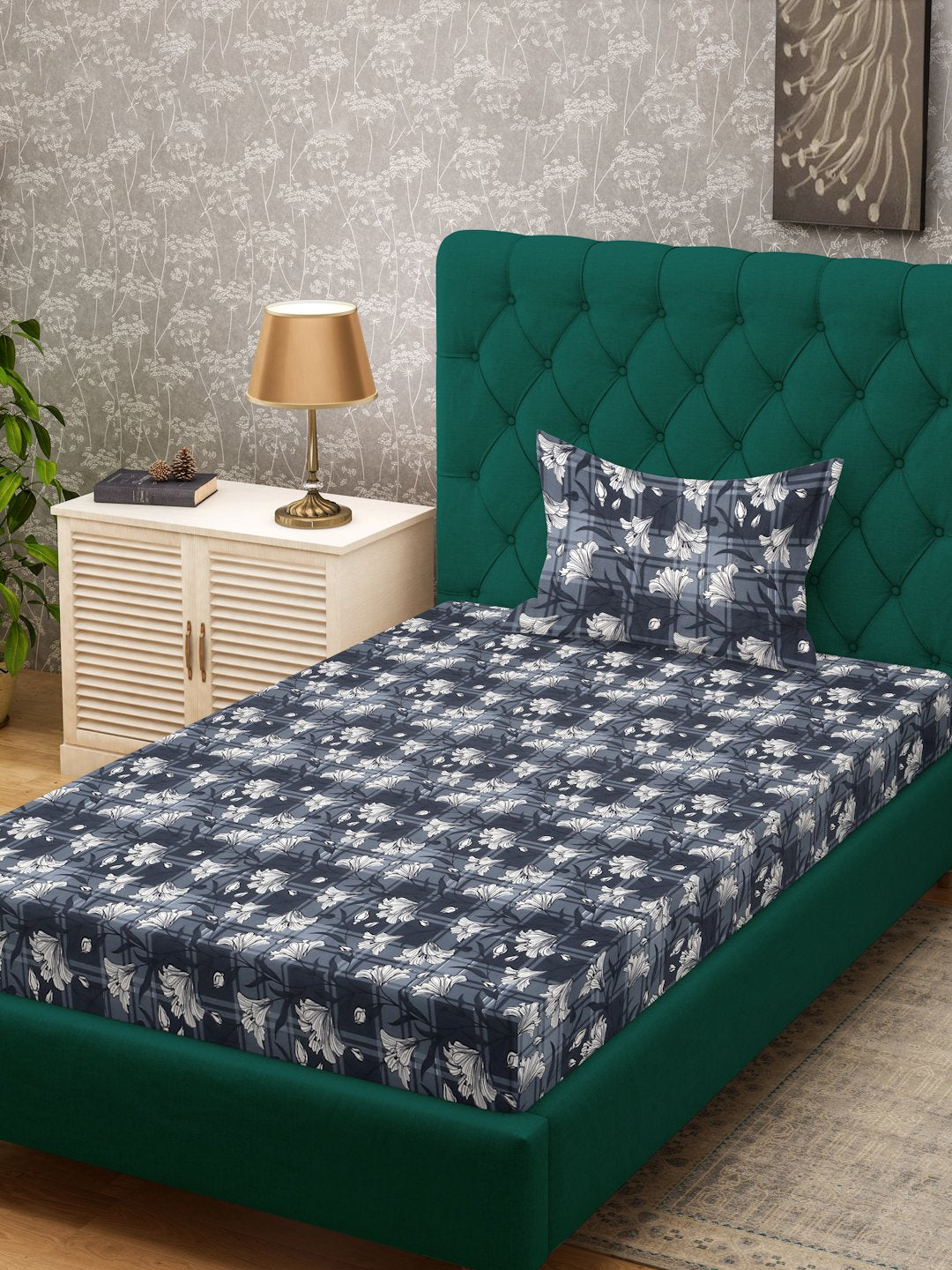 Grey Floral 300 TC Cotton Blend Single Bedsheet with Pillow Cover