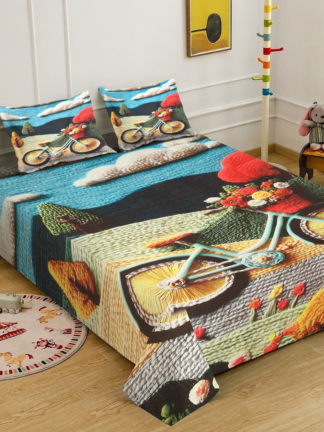 Multi Digital Abstract Printed Cotton Blend Double Bedsheet with 2 Pillow Covers