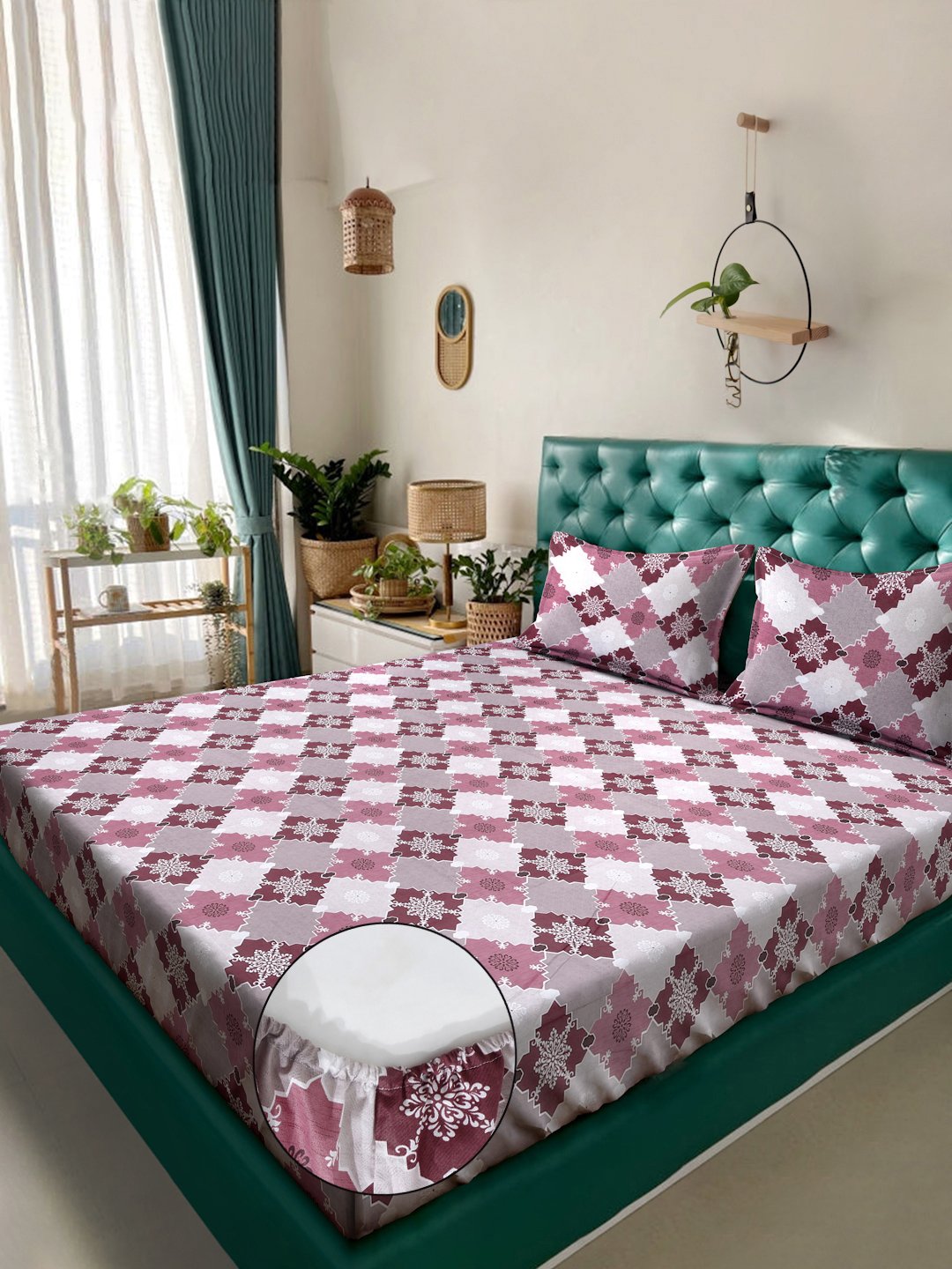 Pink Geometric 400 TC Pure Cotton Fitted Double Bedsheet with 2 Pillow Covers