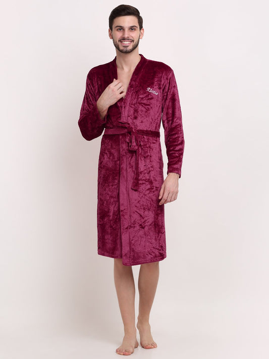 Men Maroon Solid Wool Bath Robe With Belt