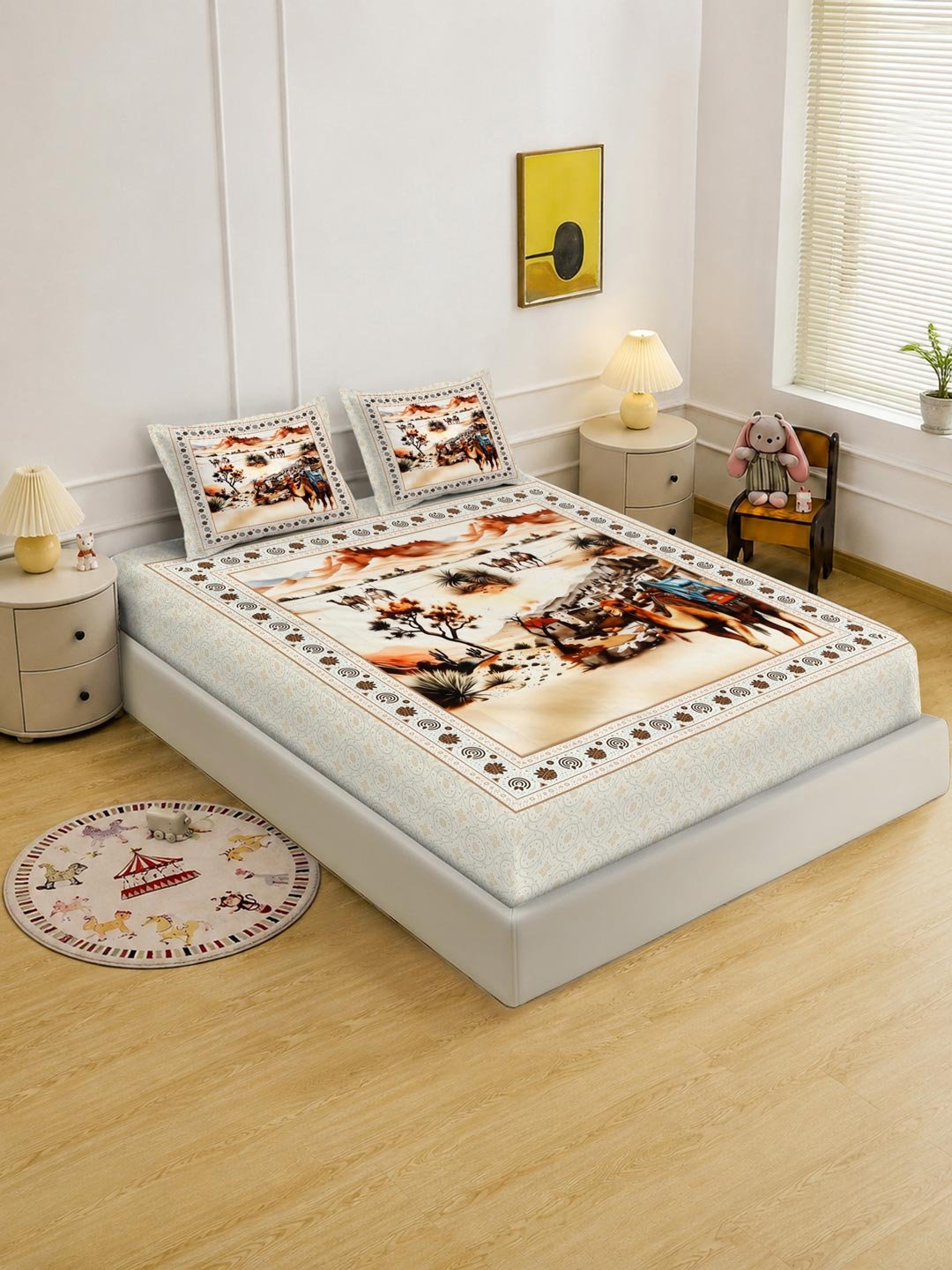 Digital Printed Cream Conversational Cotton Blend Double Bedsheet with 2 Pillow Covers