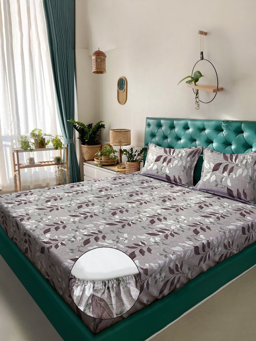 Brown Floral 400 TC Pure Cotton Fitted Double Bedsheet with 2 Pillow Covers