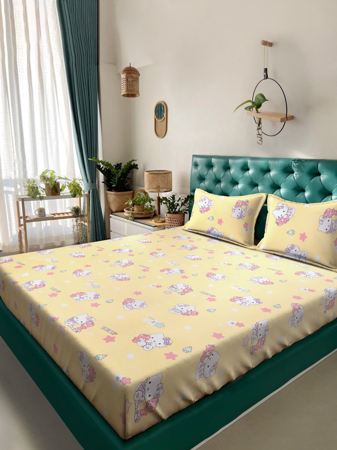 Yellow Cartoon Characters 400 TC Pure Cotton Double Bedsheet with 2 Pillow Covers