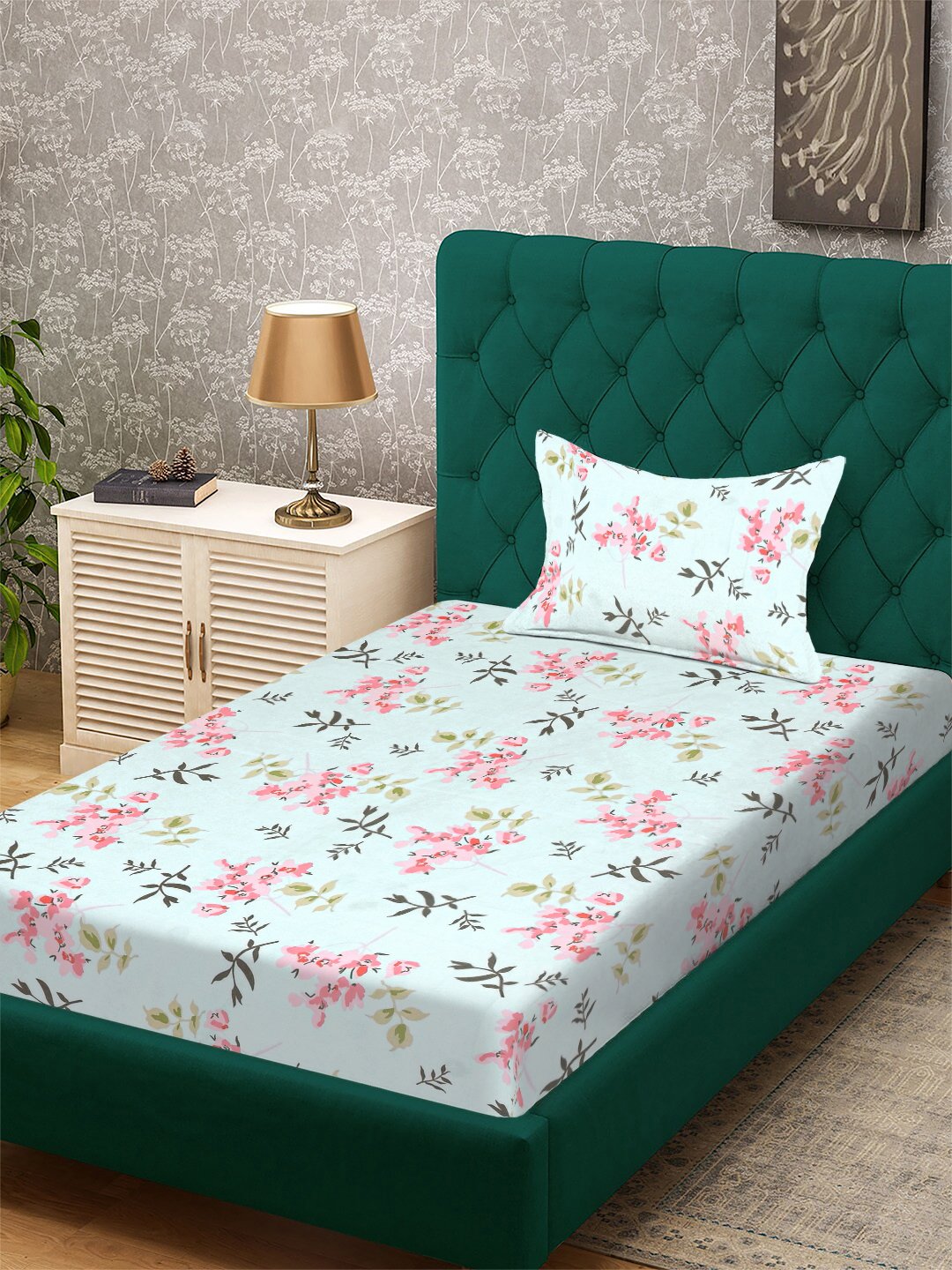 Green Floral 300 TC Cotton Blend Single Bedsheet with Pillow Cover
