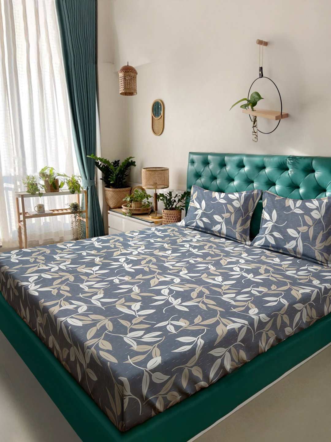 Grey Floral 300 TC Cotton Blend Double Bedsheet with 2 Pillow Covers